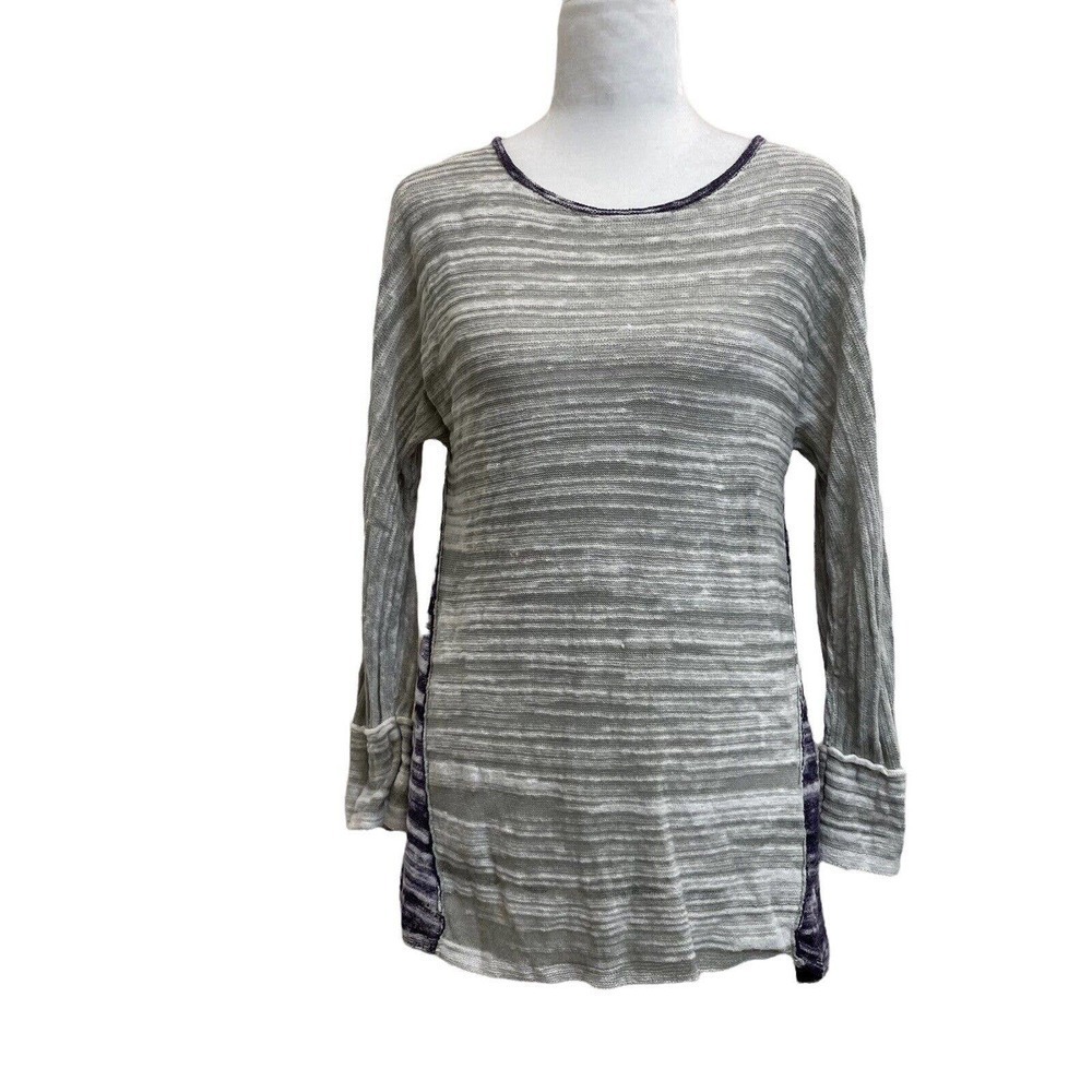 NIC + ZOE Linen Blend Heathered Gray & Purple Colorblock Long Sleeve Woven Top
